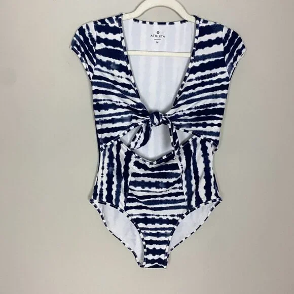 Athleta Wave Break One Piece Swimsuit Tie Dye Womens Medium Blue Cutout Knot - Picture 2 of 8